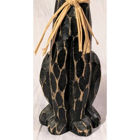 Hand Carved Cat Figure Wooden Black Rustic Distressed Folk Art Raffia Ribbon Vtg - Picture 9 of 16